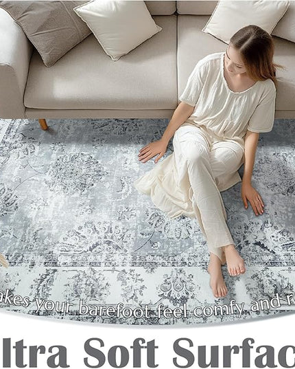 jinchan Fiora Hallway Runner Rug 3x10 Washable Runner - Vintage Floral Non Slip Low-Pile Soft Thin Faux Wool Kitchen Rug Distressed Carpet for Farmhouse Bedroom Laundry Room(3x10ft, Grey)