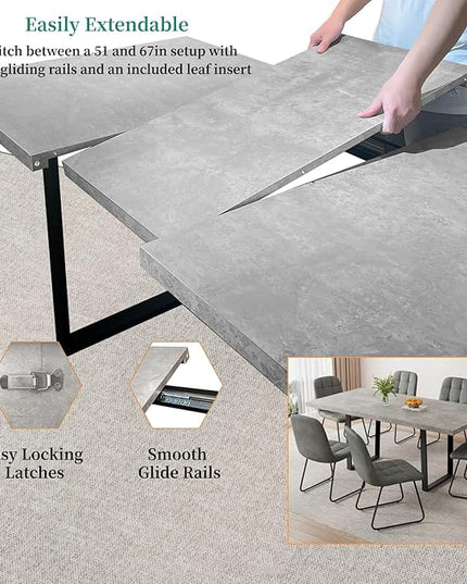 ZckyCine 51"-67" Expandable Grey Dining Table, Modern Farmhouse Kitchen Table with Wood Surface & Metal Frame, Rustic Extendable Table for Dining Room, Sturdy & Easy Assembly