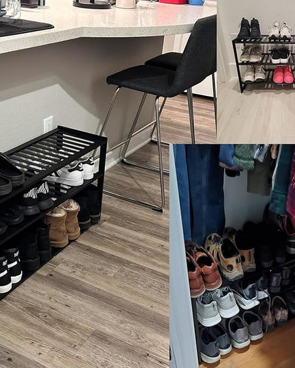 Bamboo Shoe Rack for Closet, Stackable 3 Tier Longer Shoe Organizer Shelf Holder Storage 12-15 Pairs for Entryway Door Hallway Bedroom Garage Space Saving Foldable Black