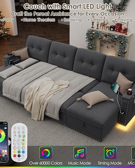 HIFIT 106" Sectional Couches for Living Room- Pull Out Sleeper Sofa Couch w/Storage Chaise,Storage Armrest,LED Light&USB Port&Cupholder, Modern Linen U Shaped Home Sofa Living Room Furniture Set, Grey