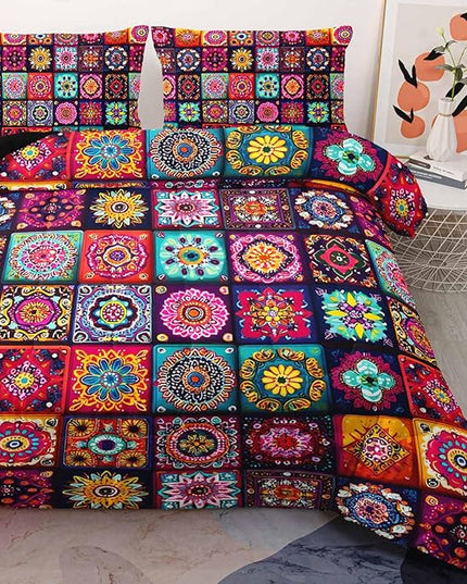 AILONEN Soft Microfiber Twin Size Bedding Set,Bohemian Mandala Floral Geometric Comforter with 2 Pillowcases,3-Piece Colorful Flower Duvet Set