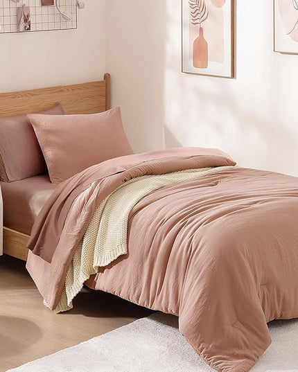 WRENSONGE Twin Comforter Set- 5 Pieces Clay Pink Twin Bed in a Bag, All Season Twin XL Bedding Sets with 1 Fitted Sheet, 1 Flat Sheet, 1 Pillow Sham and 1 Pillowcase