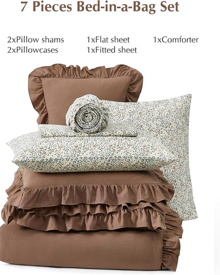 Full Comforter Set - 7 Pieces Ruffle Amber Brown Bedding Sets, Shabby Chic Farmhouse Bed in a Bag with Ruffle Comforter, Floral Sheets, Pillowcases & Shams