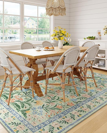 Wonnitar Washable Floral 6x9 Rug, Soft Green Area Rug Boho Non Slip Dining Room Carpet, Non-Shedding Flower Floor Carpets for Kids Bedroom Living Room Dorm Playroom