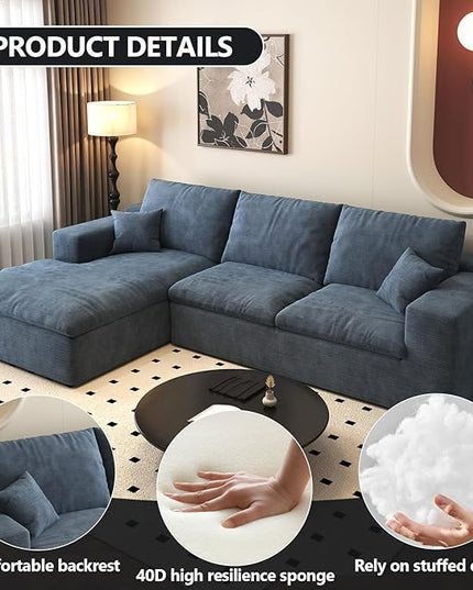 107'' L-Shaped Modern Modular Sectional Cloud Couch, 4-Seat Chenille Deep-Seat Sofa with Pillow for Living Room, Bedroom, Apartment, Ocean Blue