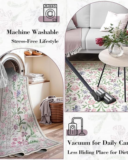 Wonnitar Purple Floral 8x10 Area Rugs, Washable Rug for Living Room, Soft Ultra-Thin Non-Shedding Large Indoor Boho Carpet for Bedroom Nursery Playroom Classroom Decor, Light Purple/Pink