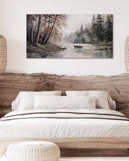 HGUAOA Mountain Canvas Wall Art Rustic Lake Landscape - Nature & Forest Scenery Paintings Pictures for Living Room & Bedroom Wall Decor Vintage Artwork for Walls