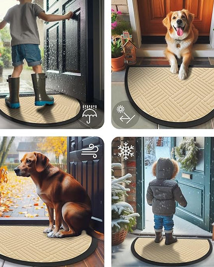 Smiry Half Circle Front Door Mat Outside Entrance, Heavy Duty Outdoor Indoor Natural Rubber Doormat, Non Slip, Trap Dirt and Moisture, Easy Clean, Low Profile Patio Porch Entryway Mat, 29.5x17, Beige