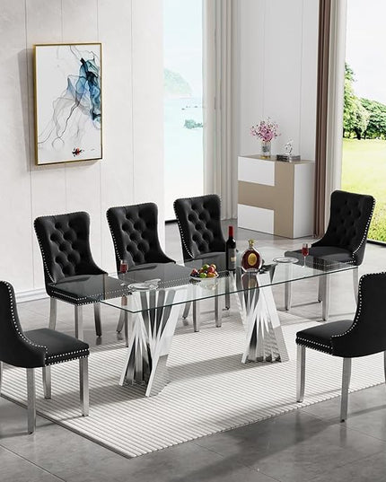 7 Piece Glass Dining Table Set,70" Dinner Room Glass Table Set for 6,Modern Kitchen Dinner Table Set with Stainless Steel Base and 6 Upholstered Velvet Dining Chairs for Living Dining Room