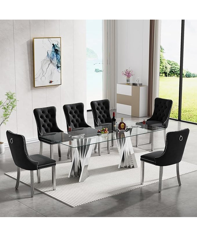 7 Piece Glass Dining Table Set,70" Dinner Room Glass Table Set for 6,Modern Kitchen Dinner Table Set with Stainless Steel Base and 6 Upholstered Velvet Dining Chairs for Living Dining Room