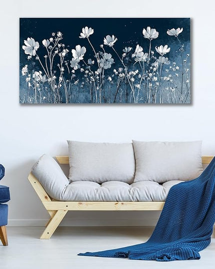 HUADAOART Canvas Wall Art White Wildflowers on Navy Blue Background Modern Floral Home Decor for Bedroom 20" x 40"