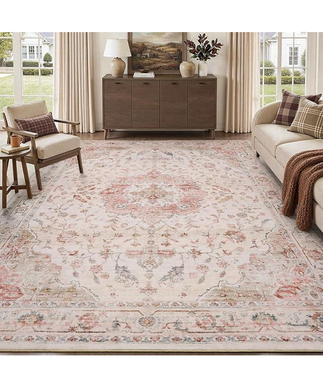 PADOOR-Vintage Area Rug 5X7 Rugs for Living Room-Soft Pink Rugs for Bedroom-Machine Washable Rugs Non Slip Carpet-Rug for Dining Room Living Room Bedside Office
