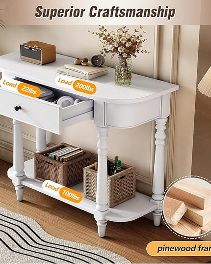 HMFULE Retro Curved Console Table, 36" Solid Wood Half Moon Console Table Sofa Table Entryway Table with 1 Drawer 1 Open Shelf Roman Legs Curved Corners for Living Room,Entryway,Hallway,White