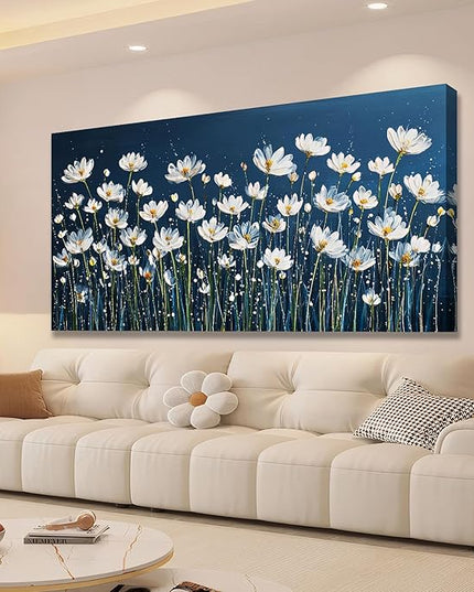 HUADAOART White Daisy Floral Canvas Wall Art Navy Blue Background Living Room Bedroom Decor Size: 24" x 48" Ready to Hang
