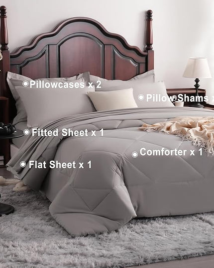 NTBAY Queen Comforter Set with Sheets, 7 Pieces Soft and Breathable Queen Bedding Set, Bed in a Bag, Down Alternative Comforter Set Solid Color All Season, Queen Bedding Set, Smoke Grey