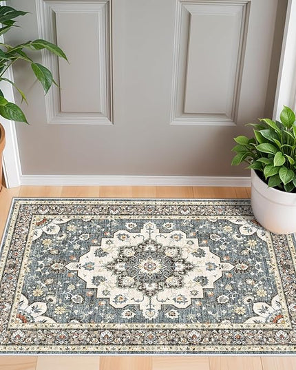 Washable Oriental Area Rug - 2x3 Rugs for Living Room Soft Carpet for Bedroom Waterproof Floral Distressed Indoor Stain Resistant Non-Shedding Floor Carpets (Blue, 2x3)