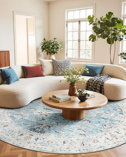 jinchan Round Rug 8ft Area Rug - Washable Boho Vintage Floral Circle 8' Round Floor Cover Lightweight Low Pile Thin Throw Non-Slip Carpet for Kitchen Living Room Bedroom Dining Room Office Light Blue