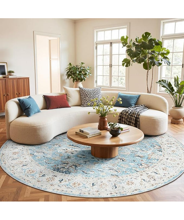 jinchan Round Rug 8ft Area Rug - Washable Boho Vintage Floral Circle 8' Round Floor Cover Lightweight Low Pile Thin Throw Non-Slip Carpet for Kitchen Living Room Bedroom Dining Room Office Light Blue