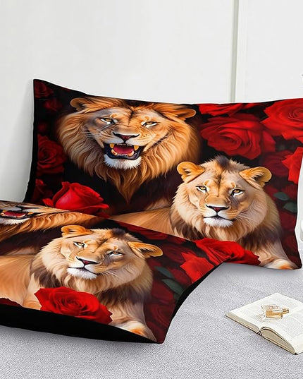 Bedbay Bedding Comforter Set King Size Wild Animal Bedding Set Rose Flowers and Lion Couple Printed 8 Pieces King Bed in a Bag Set Teen Adults Comforter Set with Sheets