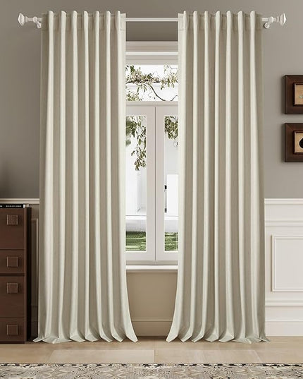 DUALIFE Blackout 96 Inches Long Natural Birch Curtains 2 Panel Set, Farmhouse Curtains for Living Room Darkening Thermal/Noise Reduction Textured Flax Linen Drape 8ft Rod Pocket&Back Tab 72W x 96L