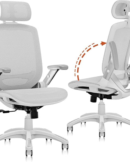 GABRYLLY Ergonomic Office Chair, High Back Home Desk Chair with Headrest, Flip-Up Arms, 90-120° Tilt Lock and Wide Cushion, 400LBS Mesh Chairs for Man Woman, White Task Chair(Grey,GY01WG)