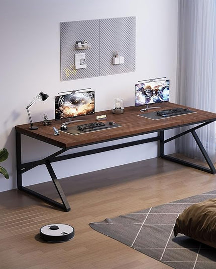 HSH 70 Inch Long Walnut Desk, 2 Person Large Work Desk for Home Office, Rustic Wood and Metal Executive Writing Study Gaming Computer Table, Modern Bedroom Living Room PC Laptop Dual Monitor Table
