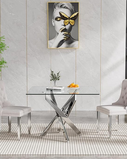 Glass Dining Table Set for 2, Square 36" Dining Table with Silver Cross Metal Leg, 2 Beige Velvet Dining Chairs with Stainless Steel Legs, Modern Glass Kitchen Table and Chairs Set for Small Space