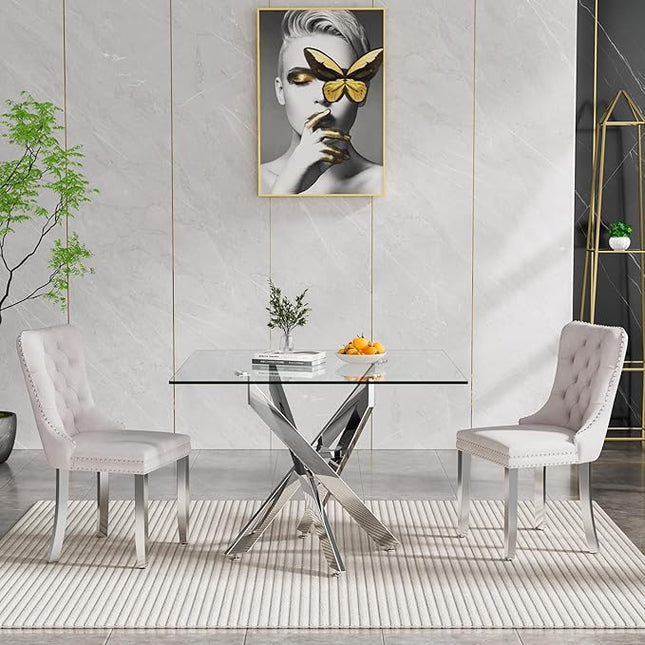 Glass Dining Table Set for 2, Square 36" Dining Table with Silver Cross Metal Leg, 2 Beige Velvet Dining Chairs with Stainless Steel Legs, Modern Glass Kitchen Table and Chairs Set for Small Space