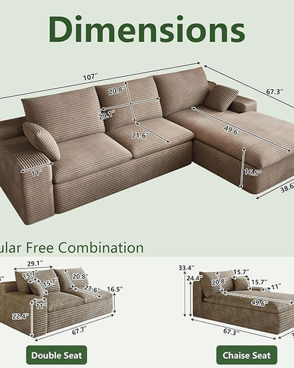 107" Cloud Couch Modular Sectional Sofa for Living Room, L-Shape Boneless Couch with Deep Seat, Modern Corduroy 3-Seater, No Assembly Required (Camel,Right-Facing Chaise)