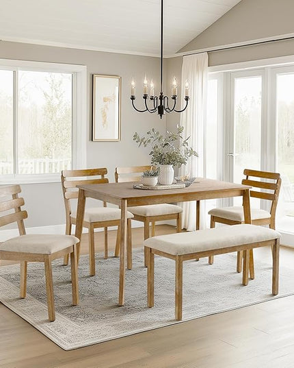 6 Piece Dining Table Set with Bench, Wooden Rectangular Kitchen Table and 4 Upholstered Chairs, Farmhouse Dining Room Furniture for Family Meals, Light Oak Finish