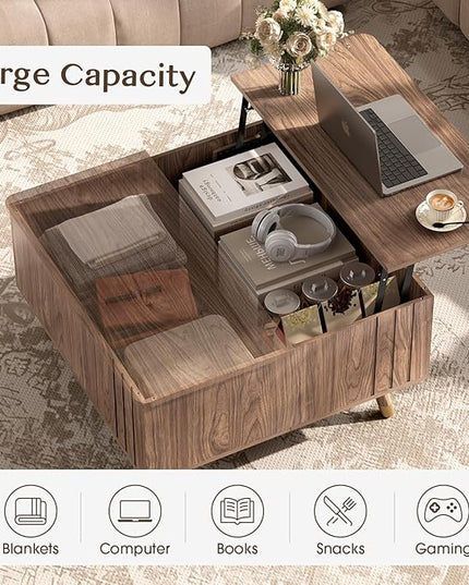 Lift Top Coffee Table, Mid Century Modern Center Table with Large Hidden Storage Compartment, 31.5" Square Coffee Tables for Living Room, Home Office, Walnut