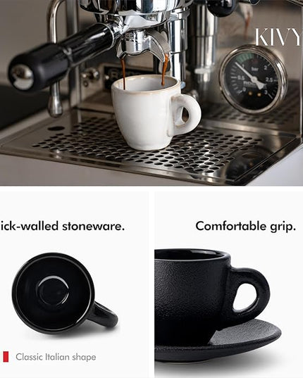 KIVY 3 oz Espresso cups set of 4 - Thick walled stoneware espresso cup set - Italian style cups and saucers - Demitasse cups set of 4 - Espresso mugs black - Coffee shot cups & saucers