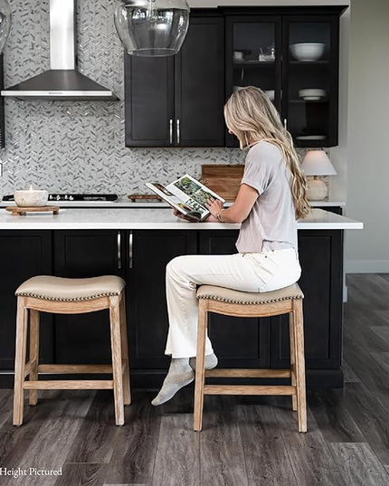 Maven Lane Adrien Backless Bar Stool – 31 Inch Saddle Seat with Footrest – Brown Solid Wood Frame & Beige Faux Leather Upholstery – Ideal for Bars, Pub Tables & Tall Kitchen Counters