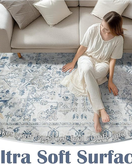 jinchan Lima 2x3 Washable Rug for Entryway - Vintage Floral Ultra-Thin Low Pile Soft Small Non Slip Distressed Indoor Door mat Accent Area Rug for Entrance Kitchen Bathroom Bedroom (2x3ft, Blue)