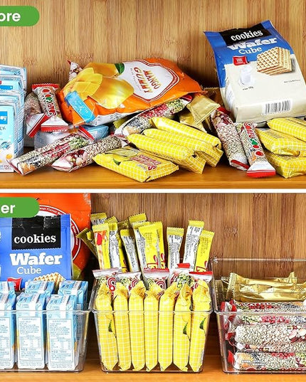 wilfox Pantry Organizer, 7 Pack Clear Bins with Removable Dividers, Pantry Organizers and Storage, Fridge and Cabinet Organizer for Snack, Pouches, Spice Packets