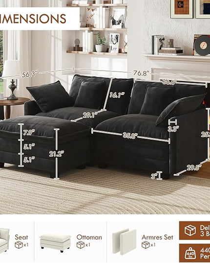 WorthFurni 77 Inch L Shape Cloud Sofa, Modular Sectional Couch with Ottoman, Comfy Chenille Deep Seat Loveseat with Pillow for Living Room Bedroom Apartment (Black)