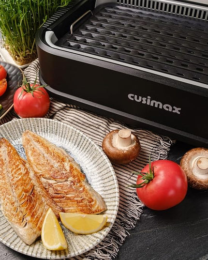 Indoor Grill, CUSIMAX Smokeless Grill Indoor, 1500W Electric Grill Griddle Korean BBQ with LED Smart Display & Tempered Glass Lid, Non-stick Removable Grill Plate & Griddle Plate, Black