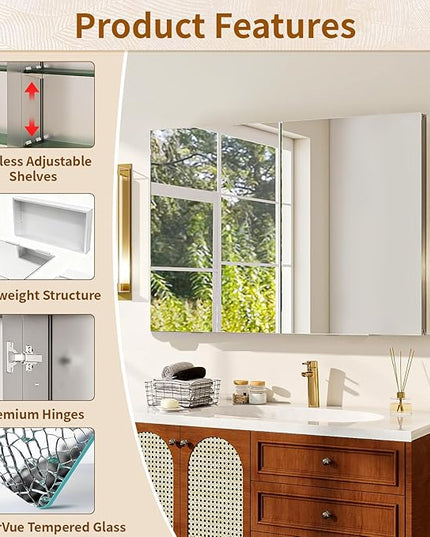 BEAUTYPEAK 40 x 26 Inch Medicine Cabinet with Mirror, Wall Mounted Bathroom Mirror Cabinet, Medicine Cabinet Mirror with Storage & Adjustable Shelves