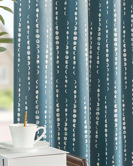 jinchan 95% Blackout Bohemian Moon Phase Print 84 Inch Long Blue Curtain Suitable for Bedroom, Living Room, Nursery, Farmhouse, Pole Mouth, Back Label, Insulated Window Treatment Set 2 Panels