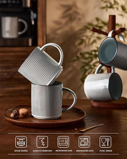 famiware Coffee Mug Set for 4, Star 16 oz Catering Mugs Cup Set with Handle for Coffee, Tea, Cocoa, Milk - Ceramic Stoneware Drinkware Set, Smoky Blue