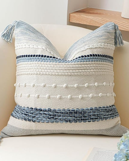 BlissBlush Coastal Blue Boho Decorative Throw Pillow Cover 20x20 Modern Bohemian Accent Pillow Case Square Woven Textured Farmhouse Pillows for Couch Bed (Pack of 1)