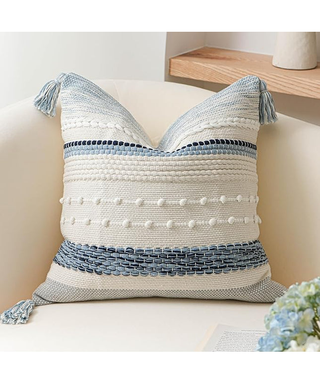 BlissBlush Coastal Blue Boho Decorative Throw Pillow Cover 18x18 Modern Bohemian Accent Pillow Case Square Woven Textured Farmhouse Pillows for Couch Bed (Pack of 1)