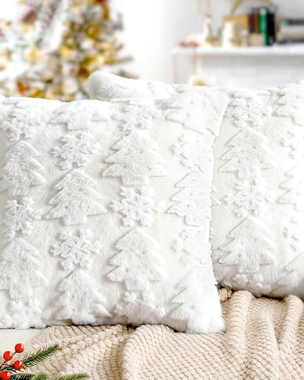 Touchat Christmas Pillow Covers 20x20, Soft Faux Rabbit Fur Throw Pillow Covers with 3D Embroidery Christmas Tree and Snowflake Design for Winter Holiday Home Decor, Couch Sofa Bedroom, White