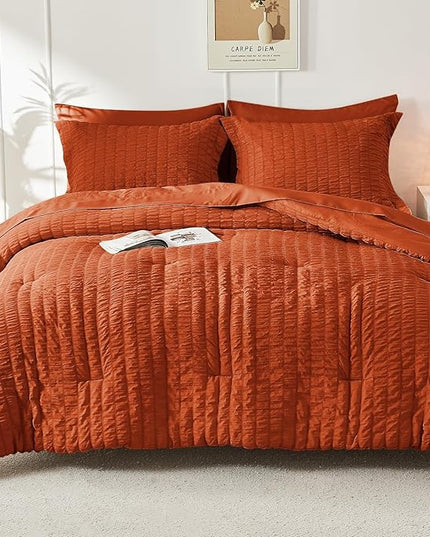 HYMOKEGE Burnt Orange King Size Comforter Set Seersucker 7 Pieces, All Season Luxury Bed in a Bag for Bedroom, Bedding Set with Comforters, Sheets, Pillowcases & Shams