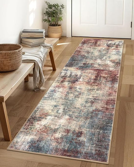 IOHOUZE Abstract Runner Rug 2x6 Ft Washable Runners for Hallways, Non Slip Kitchen Runner Printed Faux Wool Entryway Runner Indoor, Modern Abstract Floor Carpet for Hall Kitchen Bedroom, Red/Multi