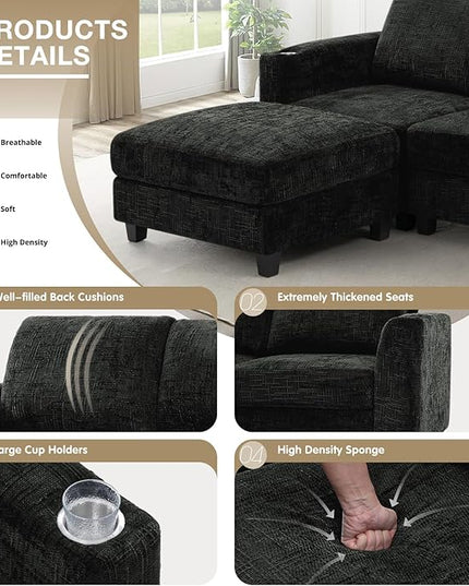 110" Chenille U-Shape Sofa with Flexible Ottomans, Comfy Sectional Sofa with 2 Built-in Cup Holders, Convertible 4 Seats Couch with Well-Filled Back Cushions for Living Room, House, Black