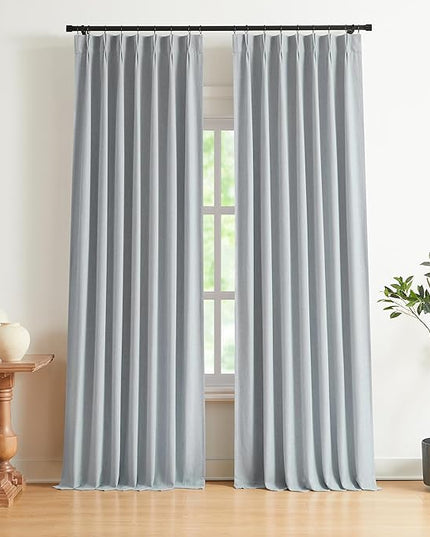 Vision Home Blue Gray Pinch Pleated Full Blackout Curtains Linen Blended Room Darkening Curtains 120 inch for Living Room Bedroom Thermal Insulated Pinch Pleat Drapes with Hooks 10ft 40" Wx120 Lx2