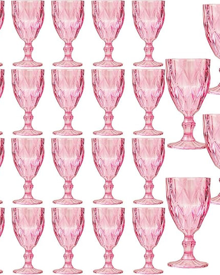 24 Pack Vintage Wine Glasses, Plastic Reusable 12 Ounce Colored Water Goblets, Unique Embossed Pattern Unbreakable Stemmed Wine Glasses High Clear Wedding Party Bar Drinking Cups Pink