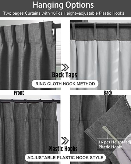 IVAPUPU Linen Pinch Pleated Blackout Curtains for Bedroom - Full Black Out Grey Curtains 90 Inch 2 Panels Set for Living Room Darkening Thermal Window Curtain Drapes with 16pc Hooks