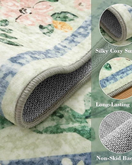 Wonnitar Washable Runners for Hallways, 2'6''x8' Floral Green Runner Rug for Kitchen Bathroom, Boho 8ft Non Silp Extra Long Rugs for Entryway Bedroom Laundry